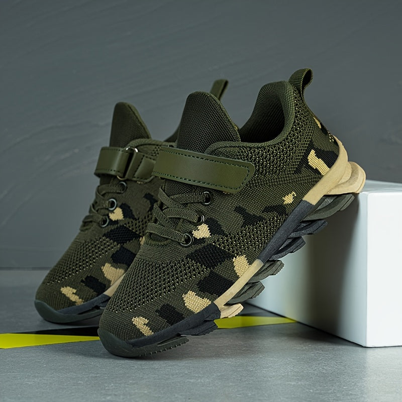 Boys Casual Camouflage Print Knitted Blade Type Shoes, Low Top Breathable Non-slip Sneakers For Autumn