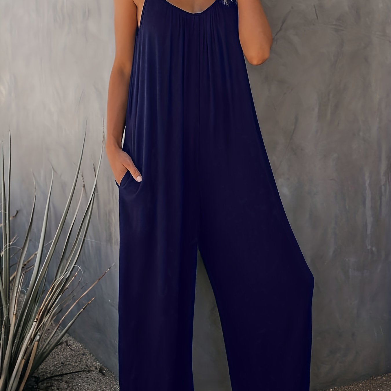 Women'S Light Blue Sleeveless Jumpsuit with Pockets - Casual Polyester Knit Fabric, V-Neck, Summer 2023, Beach Coverup, Beach Coverup Jumpsuit | Casual Style Jumpsuit | Knit Construction