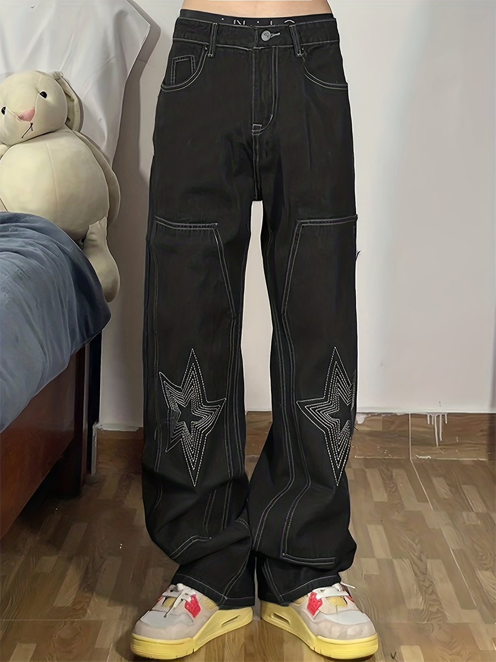 Y2k Letter Print Wide Leg Loose Fit Jeans, Men's Casual Slightly Stretch Street Style Multi Pocket Baggy Denim Pants For Spring Summer