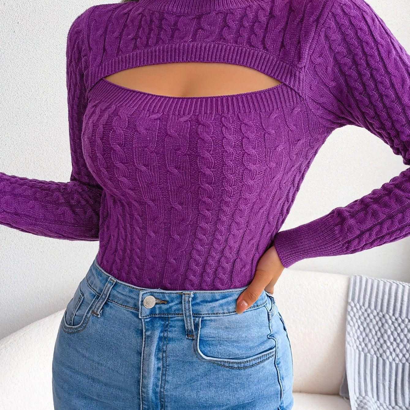 Women'S Sexy Hollow-Out Knit Pullover Sweater, Long Sleeve Crew Neck, Skinny Fit, Acrylic Blend (Polyester 28%, Polyamide 22%, Viscose 28%), High Stretch Fabric, Solid Color, Spring/Fall Fashion Top