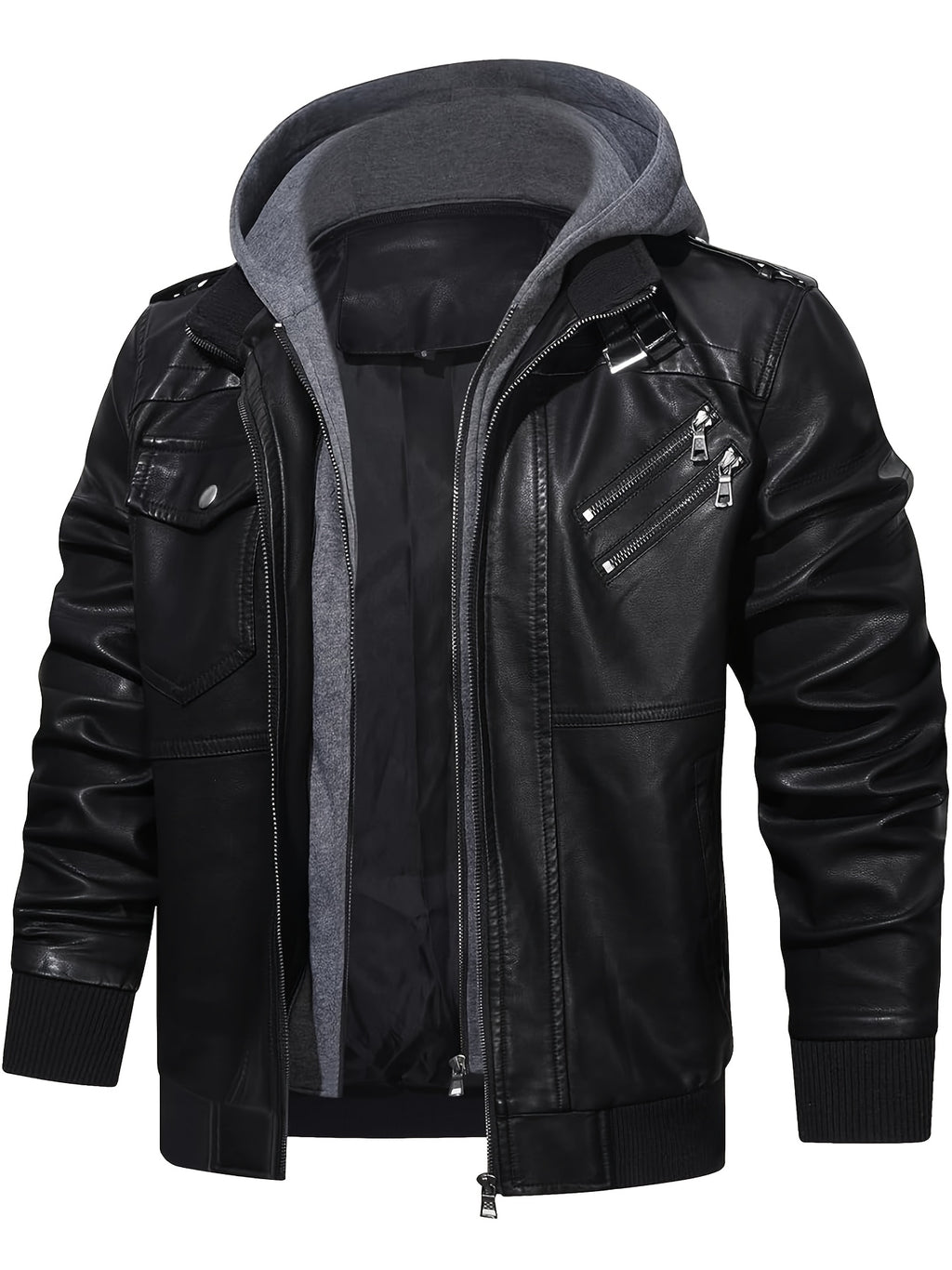 Men's PU Leather Hooded Pockets Zipper Long Sleeves Jackets
