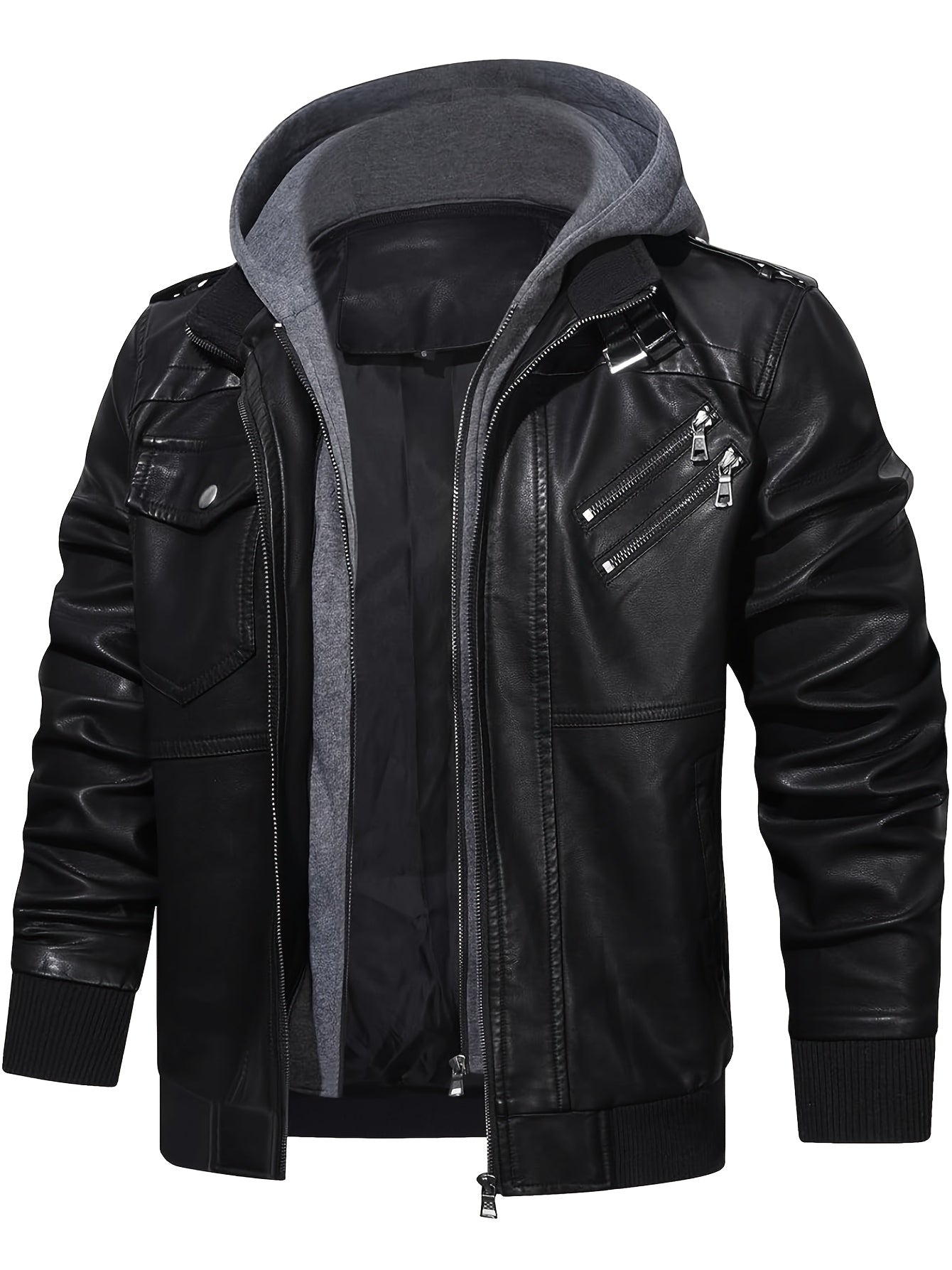 Men's PU Leather Hooded Pockets Zipper Long Sleeves Jackets