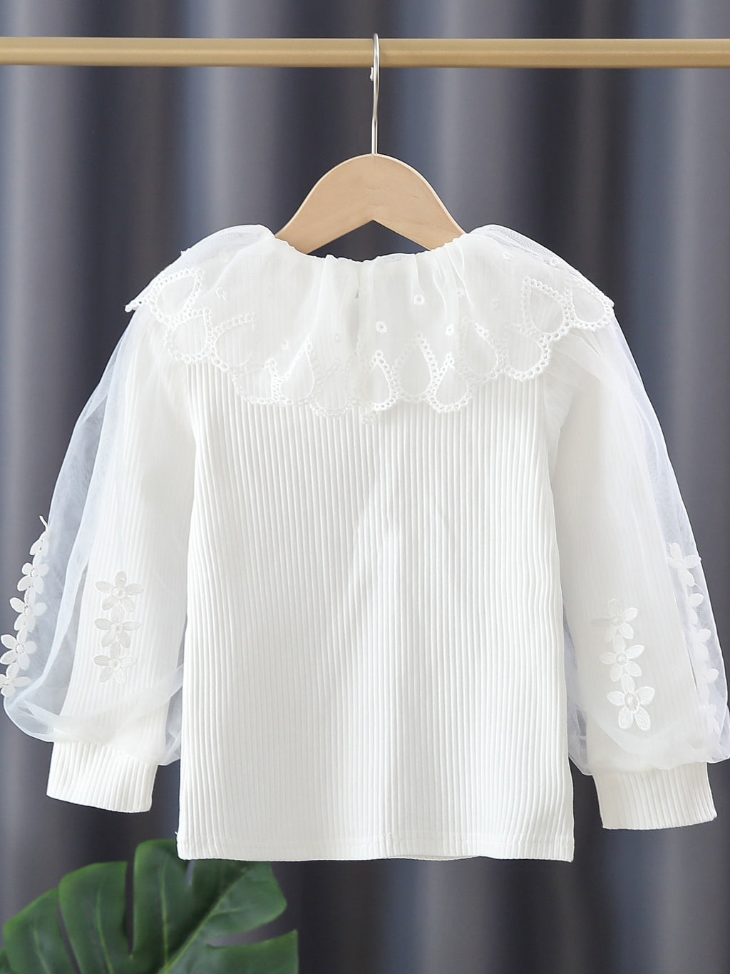 Girls Long Puff Sleeve Flower Lace Splicing Ruffles Round Neck Ribbed T-Shirts Tops Kids Clothes