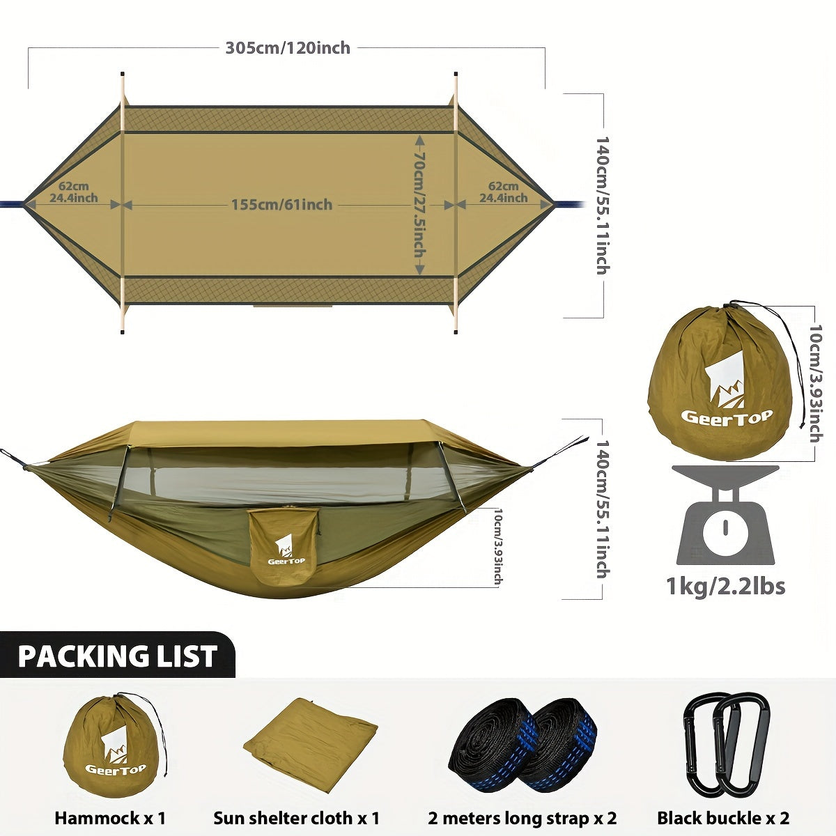 GEERTOP 3in 1 Outdoor Hammock with Mosquito Net Sun Shelter Rainfly, Double Sleep Rest Camping Hammock for Backpacking Travel Garden Park