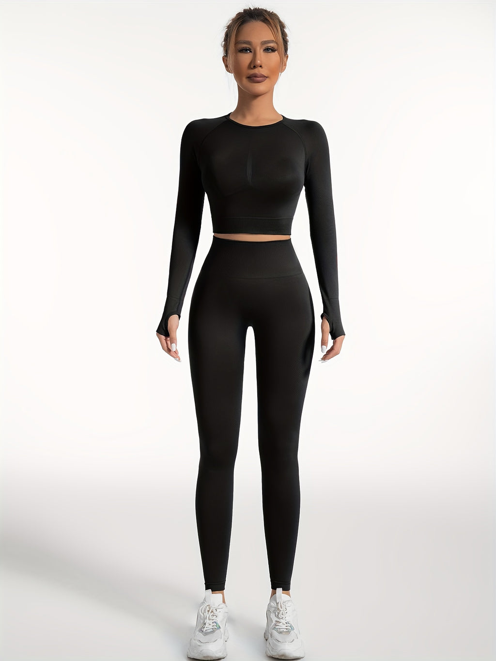 Women's Yoga Sports Suits, Seamless Stretchy Fitness Suits, Long Sleeve Thumb Hole Cropped Top & Slimming Leggings, Women's Activewear