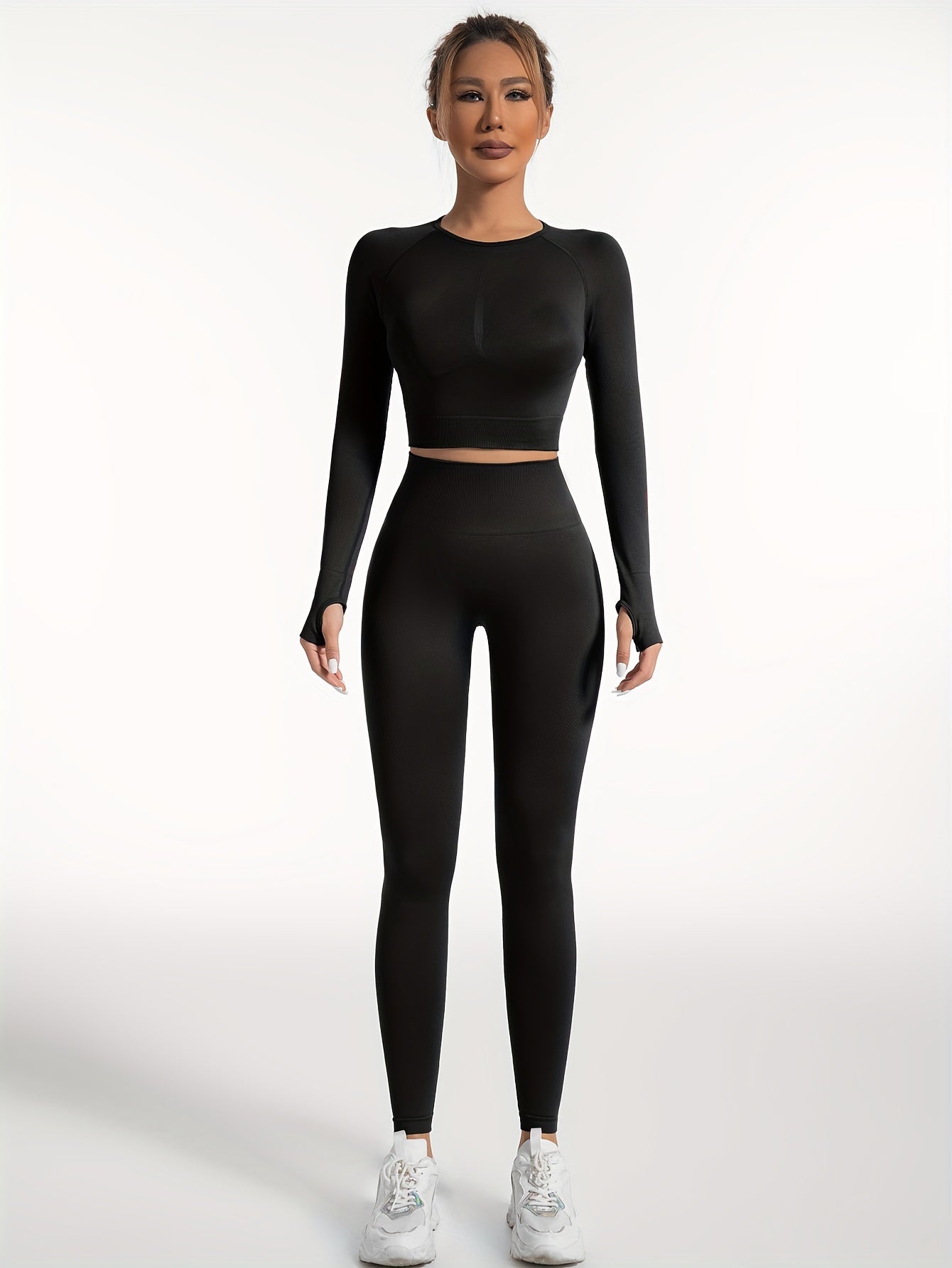 Women's Yoga Sports Suits, Seamless Stretchy Fitness Suits, Long Sleeve Thumb Hole Cropped Top & Slimming Leggings, Women's Activewear