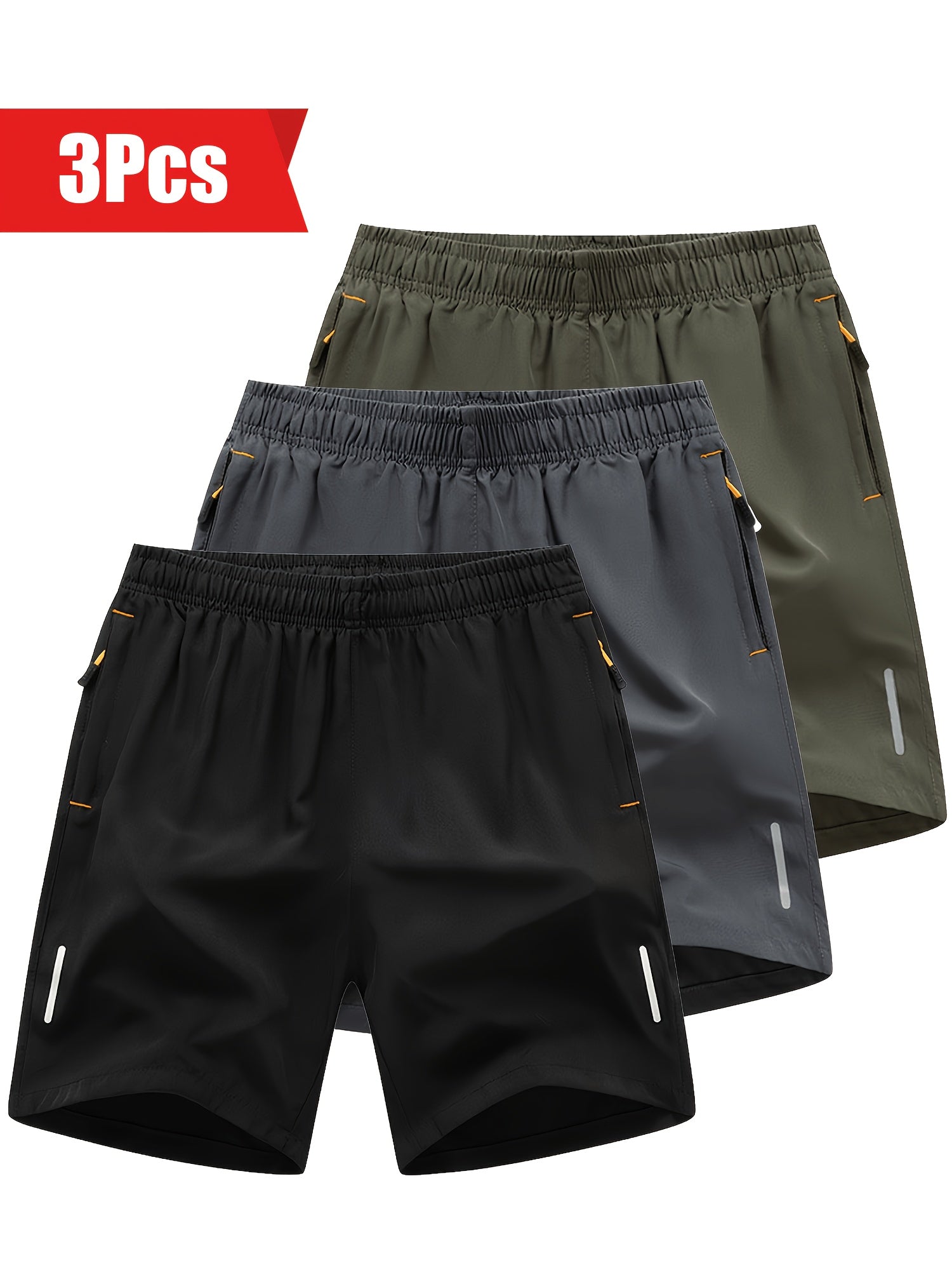 3pcs Reflective Men's Stripe Decor Sports Shorts, Elastic Waist Trendy Fitness for Summer Training