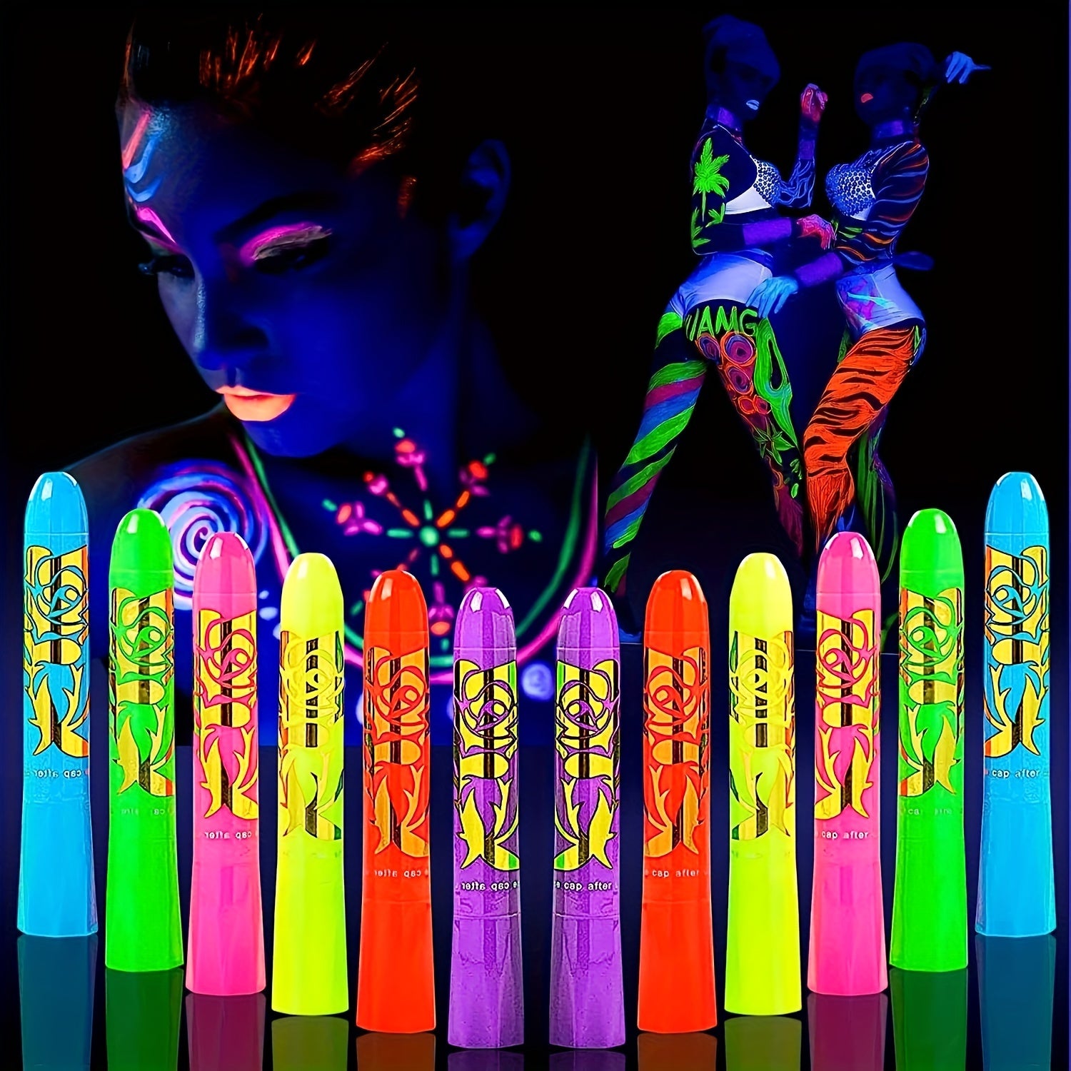 12 Pcs Glow In The Dark Body Face Paint Neon Glow In The Black Light UV Fluorescent Crayons Paint Sticks Makeup Kit For Adults Halloween Makeup Masquerade Mardi Gras Blacklight Birthday Party For Music Festival