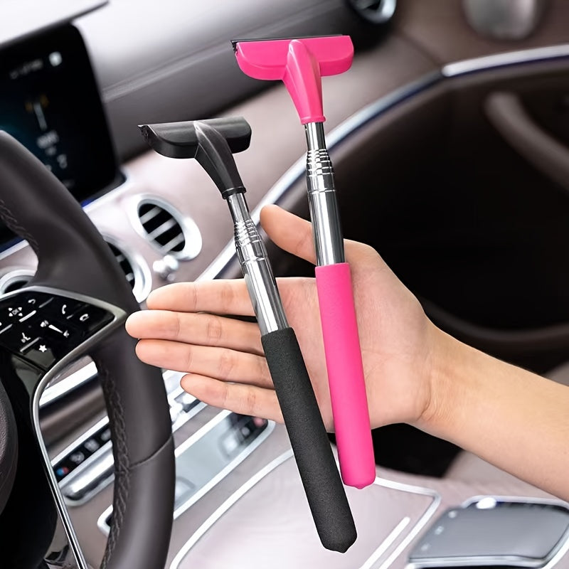 [2-in-1 Stainless Steel Wiper] 2-in-1 Stainless Steel Portable Retractable Wiper | Compact & Versatile for Car Rearview Mirrors, Windshields, Glass & Shower Cleaning, Pink Handle