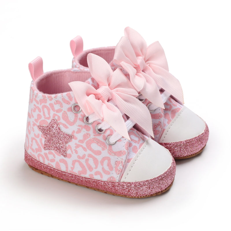 Infant Baby Gils Canvas Shoes, Soft-soled Non-slip High Top First Walker Shoes With Bow Decor
