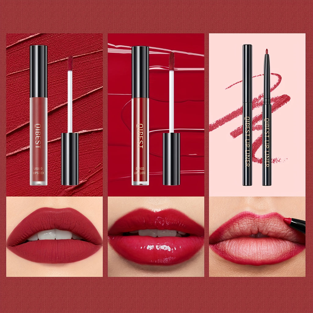 Lip Liner, Lipstick And Lip Gloss Trio Set, Matte Liquid Lipstick + Matching Lip Liner + Lip Gloss Nude Velvety Lipstick Makeup Kit Gift Set, Waterproof Long Lasting, Contains Plant Squalane Formula