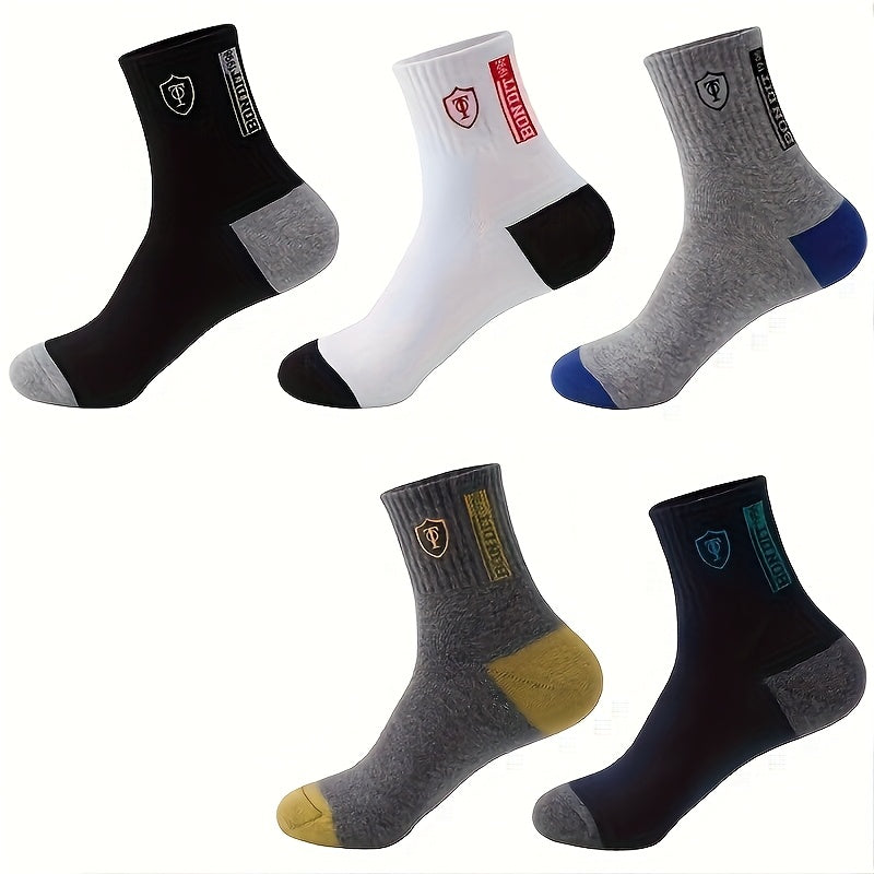 [5 Pairs Sweat-Resistant Crew Socks] 5 Pairs Men'S Athletic Crew Socks, Moisture-Wicking Knit Fabric, Solid Color, Polyester 75%, Spandex 25%, with Embroidered Badge, for Hand Wash Only, Sweat-Resistant