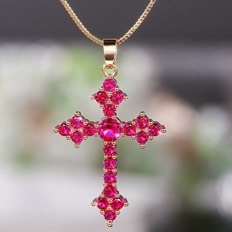 Dainty Cross Shape Pendant Necklace Inlaid Round Cut Shiny Zirconia Good Lucky Adjustable Clavicle Chain