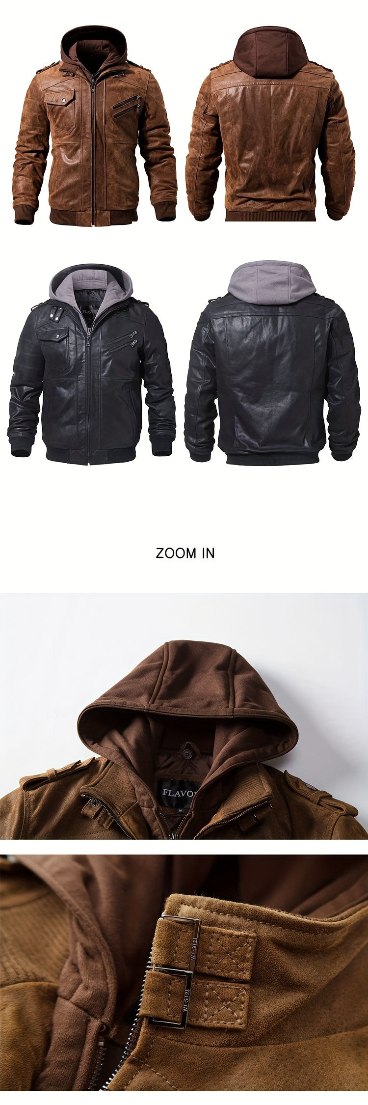 Men's Brown Leather Motorcycle Jacket with Removable Hood - FLAVOR