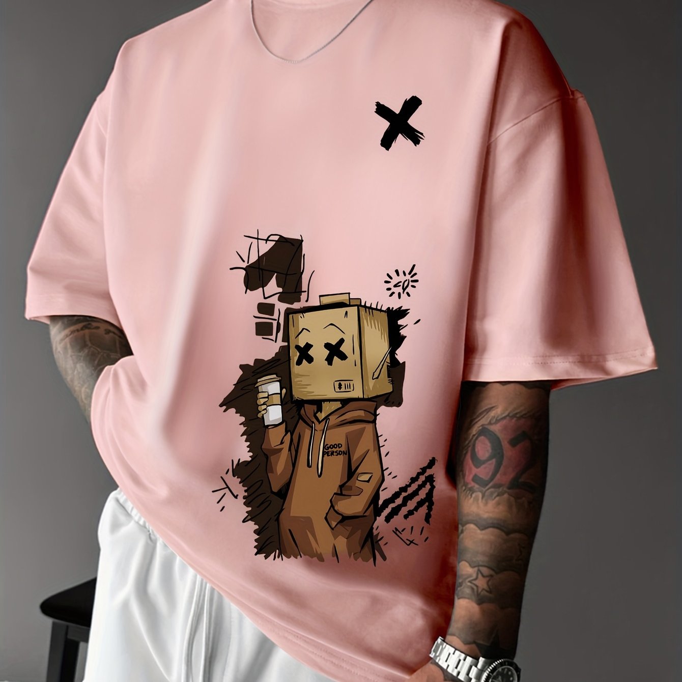 Men'S Summer Casual T-Shirt with Playful Robot & Cupcake Graphic - Red, Short Sleeve, Round Neck, Loose Fit, Geometric Pattern, Perfect for Streetwear or Casual Attire, Casual Summer Wear | Playful Graphic Tee | Comfortable F