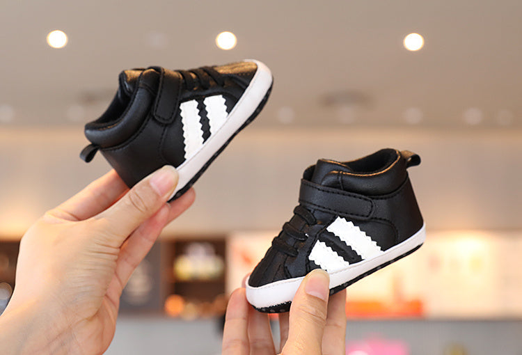 Infant & Newborn Boys' & Girls' Soft Sole Anti-Slip Sneakers - Breathable with Black Striped Design, Adjustable Buckle Closure, All-Season Casual Shoes for Toddlers, Baby Shoes, Toddler Footwear, Stylish Toddler Footwear, Com