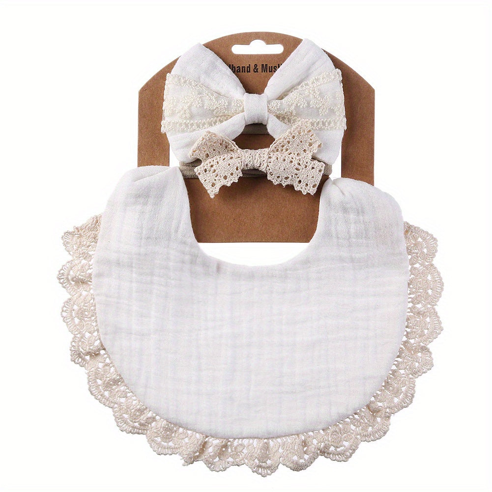 Two Headbands + One Bib Set, New Baby Bib, Kids Lace Bow Headband, Baby Crepe Stain Resistant Bib Set