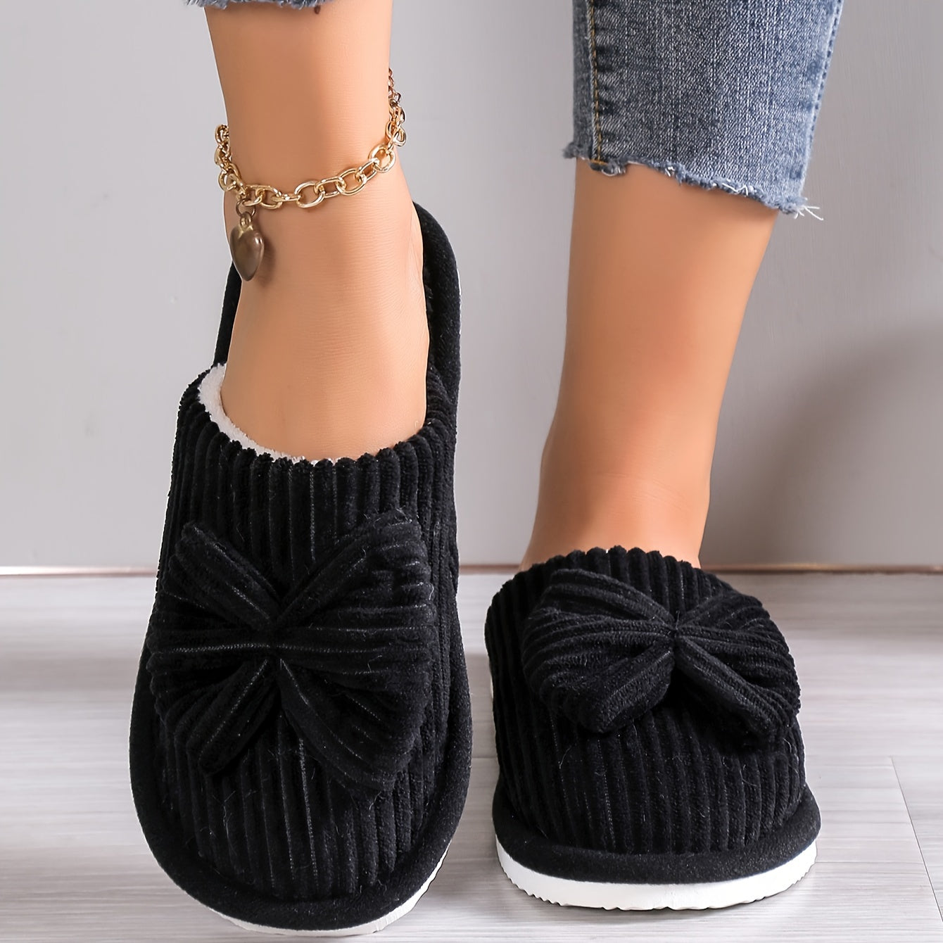 Cute Bowknot Soft Sole Fuzzy Slippers, Winter Cozy & Warm Slip On Plush Shoes, Comfy Closed Toe Home Slippers