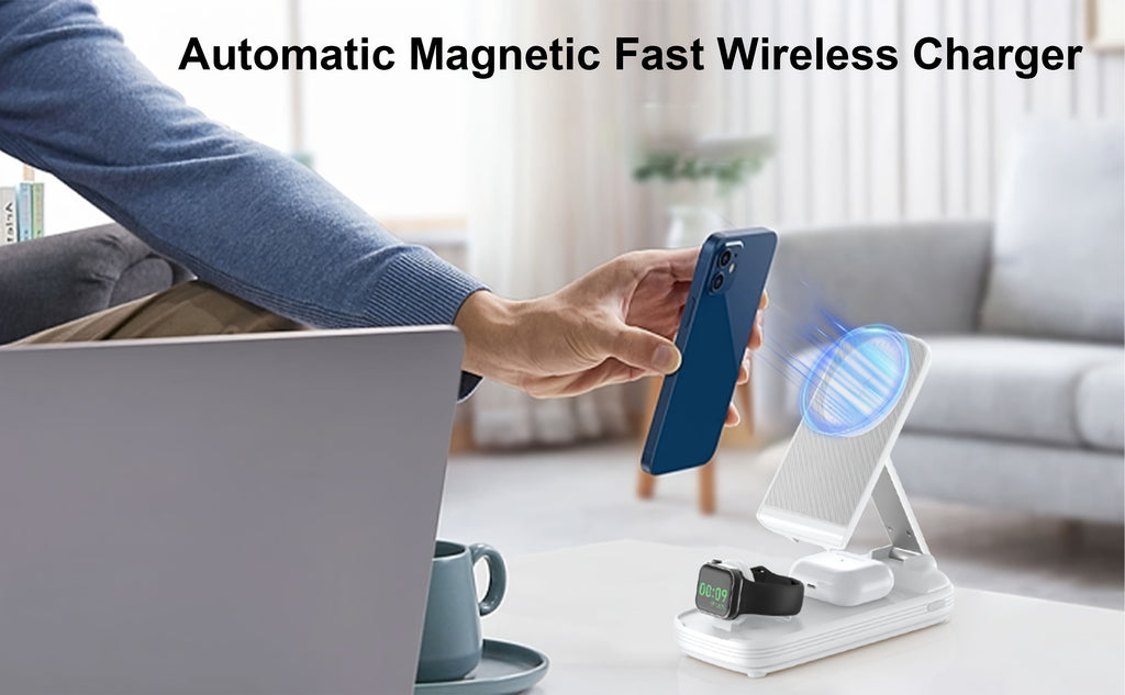 BezosMax 3 in 1 Wireless Charging Station 10000 mAh Power Bank Foldable Phone holder Magnetic Wireless Charger Adjustable angle lightweight Portable Fast charging Digital Power Display for iPhone/ iWatch/Airpods