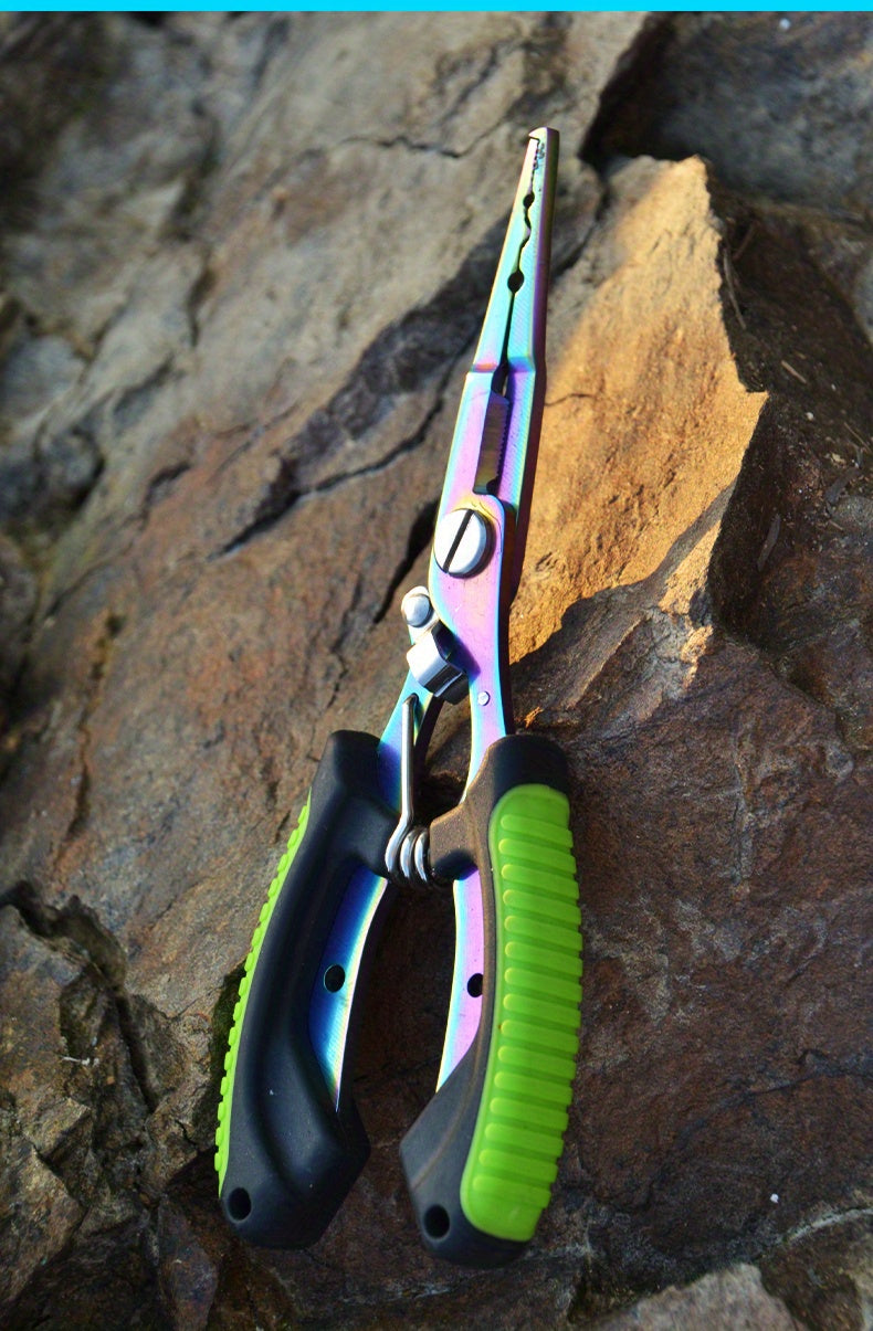 [Stainless Steel Fishing Pliers] Multi-Function Stainless Steel Fishing Pliers - Hooked Bent Nose - Color Titanium Open Ring Line Cutter - Lead Pressing Anti-Slip Handle
