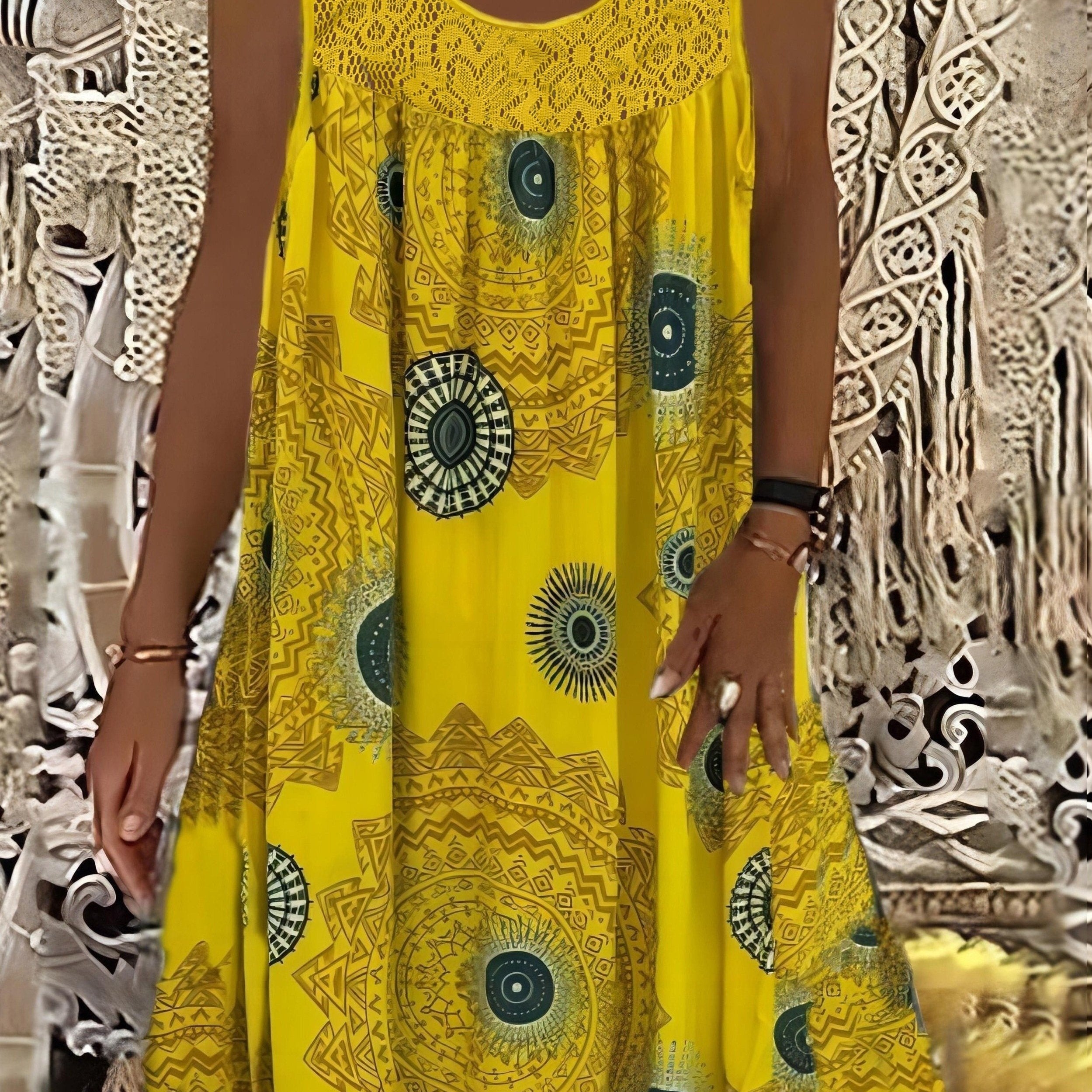 Women's Elegant Sleeveless A-Line Dress with Contrast Lace Hem & Geometric Print - Knee-Length Flared Skirt, Round Neck, Machine Washable, Plus Size Friendly for Casual & Semi-Formal Occasions, Lace Detailing, Comfortable Fit