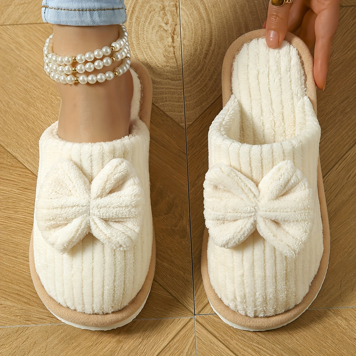 Cute Bowknot Soft Sole Fuzzy Slippers, Winter Cozy & Warm Slip On Plush Shoes, Comfy Closed Toe Home Slippers