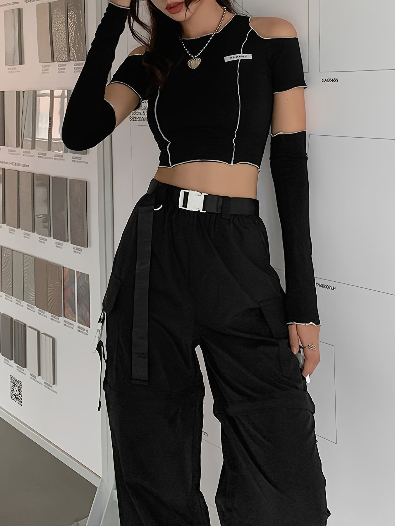 Off Shoulder Hollow Crew Neck T-shirt, Casual Loose Long Sleeve Fashion Summer Slim Bottoming T-Shirts Tops, Women's Clothing