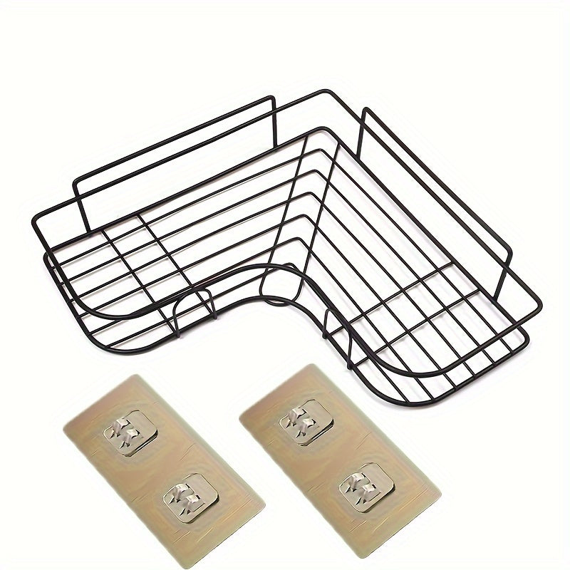 1pc Cast Iron Corner Shower Shelf - No-Drill Wall Mounted Bathroom Storage Rack, Black Wire Mesh Design for Easy Access & Organization, Perfect for Shampoo, Conditioner, and Soap, Bathroom Storage Solution | Modern Bathroom D