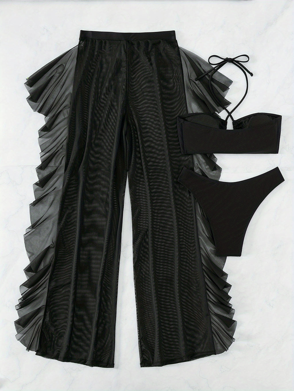 Dreiteiliger Bikini-Badeanzug für Damen: Dreiteiliger Badeanzug aus schwarzem, sexy, halbtransparentem Mesh mit gerafftem, gekreuztem Bund und Höschen.