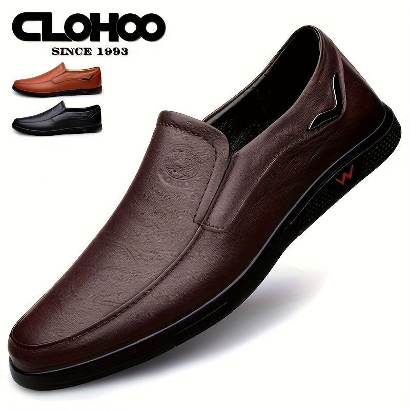 CLOHOO Men's Slip-On/Slip-Resistant Genuine Leather-like (Split Cowhide) Shoes - All-Season Casual & Dressy -like Sneakers with PU, Non-Skid Rubber Sole, Black/Brown for Business, Vacation, Casual Attire (No Laces)