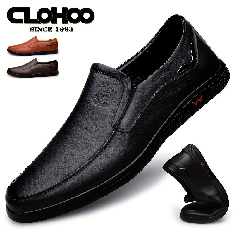 CLOHOO Men's Slip-On/Slip-Resistant Genuine Leather-like (Split Cowhide) Shoes - All-Season Casual & Dressy -like Sneakers with PU, Non-Skid Rubber Sole, Black/Brown for Business, Vacation, Casual Attire (No Laces)