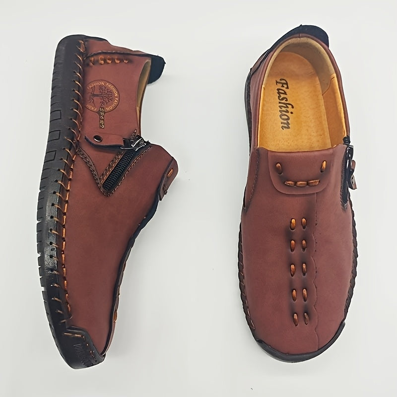 Men'S Vintage Loafers - Handmade Synthetic Shoes with Zipper Closure, Round Toe & Rubber Sole, Brown & Black Design for Casual & Formal Wear, Formal Footwear, Durable Footwear