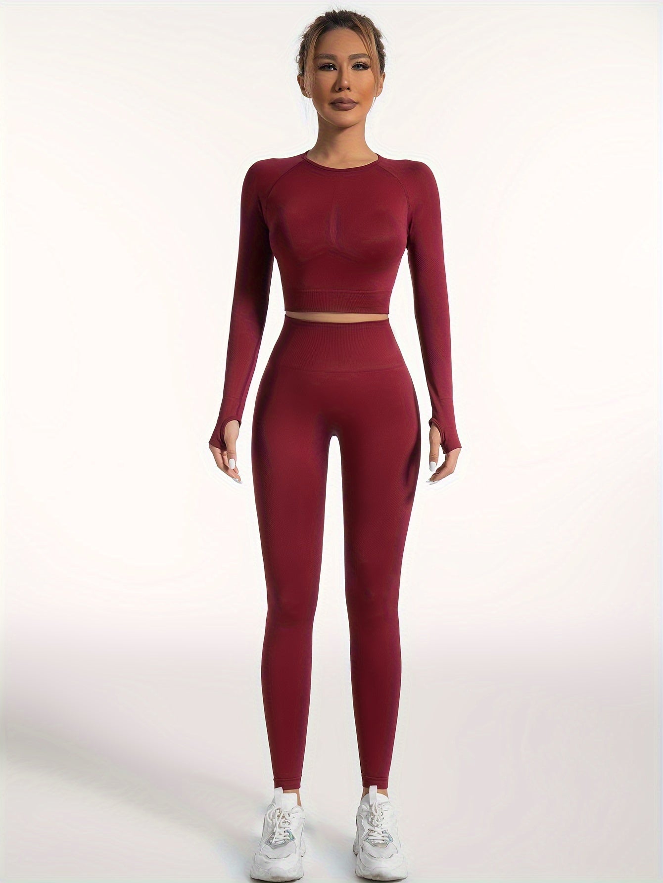 Women's Yoga Sports Suits, Seamless Stretchy Fitness Suits, Long Sleeve Thumb Hole Cropped Top & Slimming Leggings, Women's Activewear