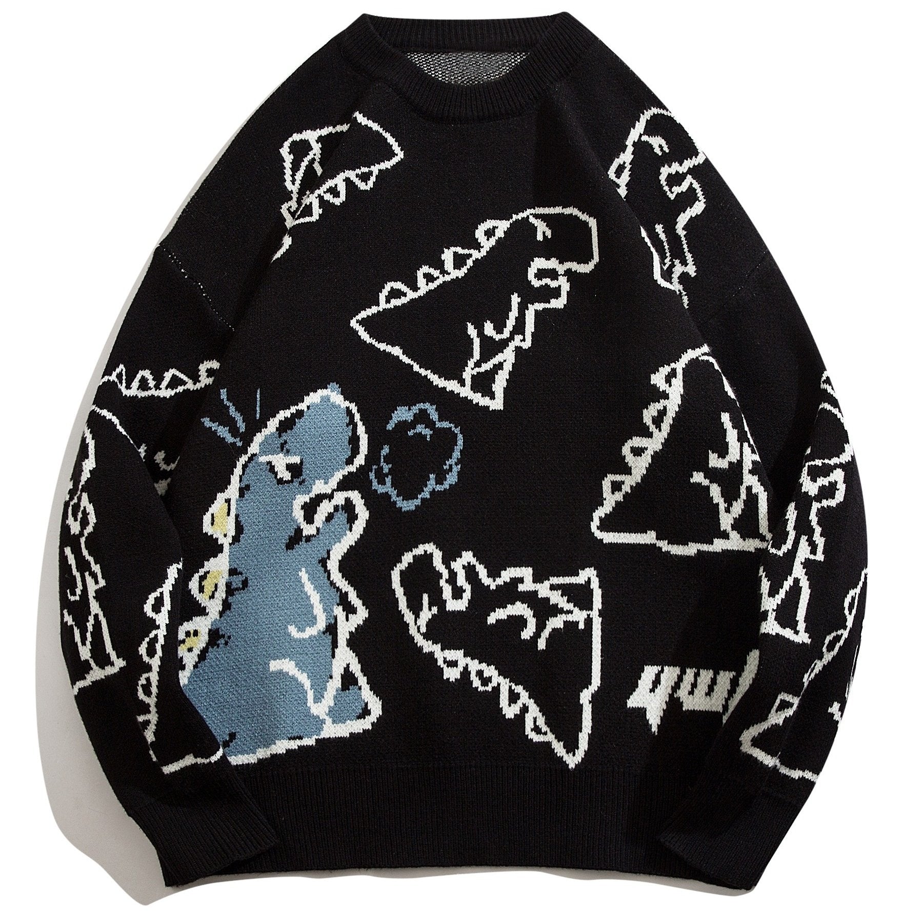 YWFG Unisex Casual Loose Fit Sweater - Black with Blue Dinosaur & Cloud Design, Long Sleeve Round Neck Pullover for Men & Women, Cozy Fall/Winter Knitwear, Dinosaur Clothes, Fall Winter Apparel, Playful Graphic Design, Comfor