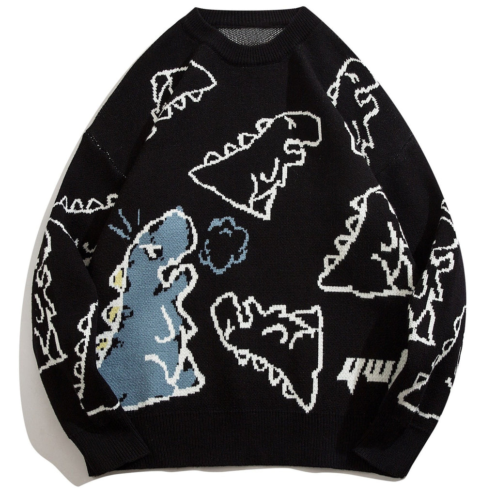 YWFG Unisex Casual Loose Fit Sweater - Black with Blue Dinosaur & Cloud Design, Long Sleeve Round Neck Pullover for Men & Women, Cozy Fall/Winter Knitwear, Dinosaur Clothes, Fall Winter Apparel, Playful Graphic Design, Comfor