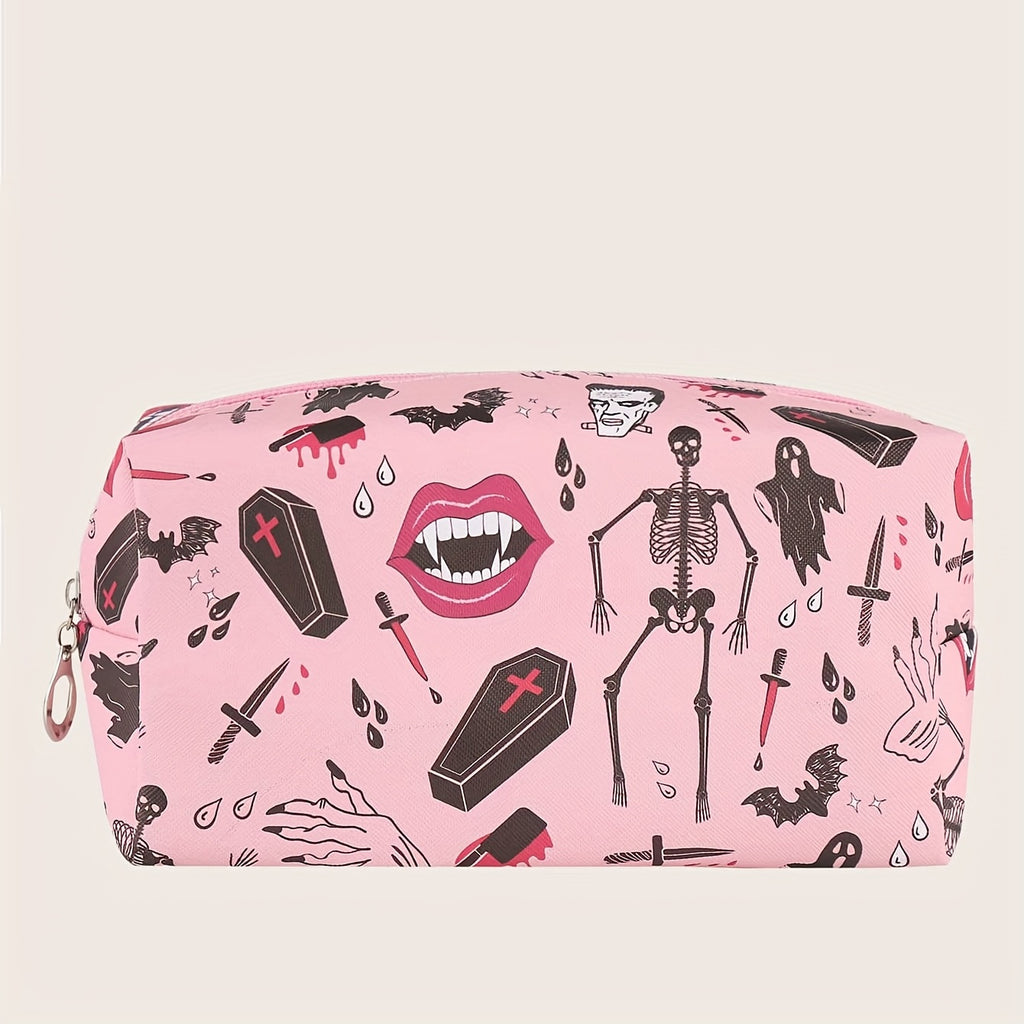 Halloween Skeleton Bat Pattern Makeup Bag Pink Roomy Square Zipper Pouch Travel Toiletries Organizer Gift For  ladies Women Men