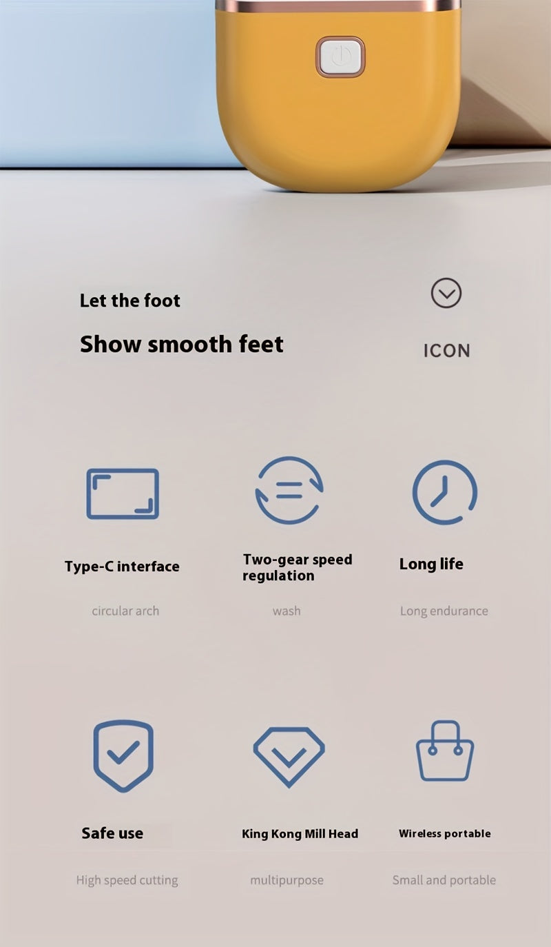 Rechargeable Electric Foot Grinder, Portable and Easy to Use, for Cracked Heels & Callus Removal - Thick Leather Polishing, 2-Speed Settings, Hard Care for Feet & Hands, 3 Replacement Grinding Heads, 1pc, with USB Charging