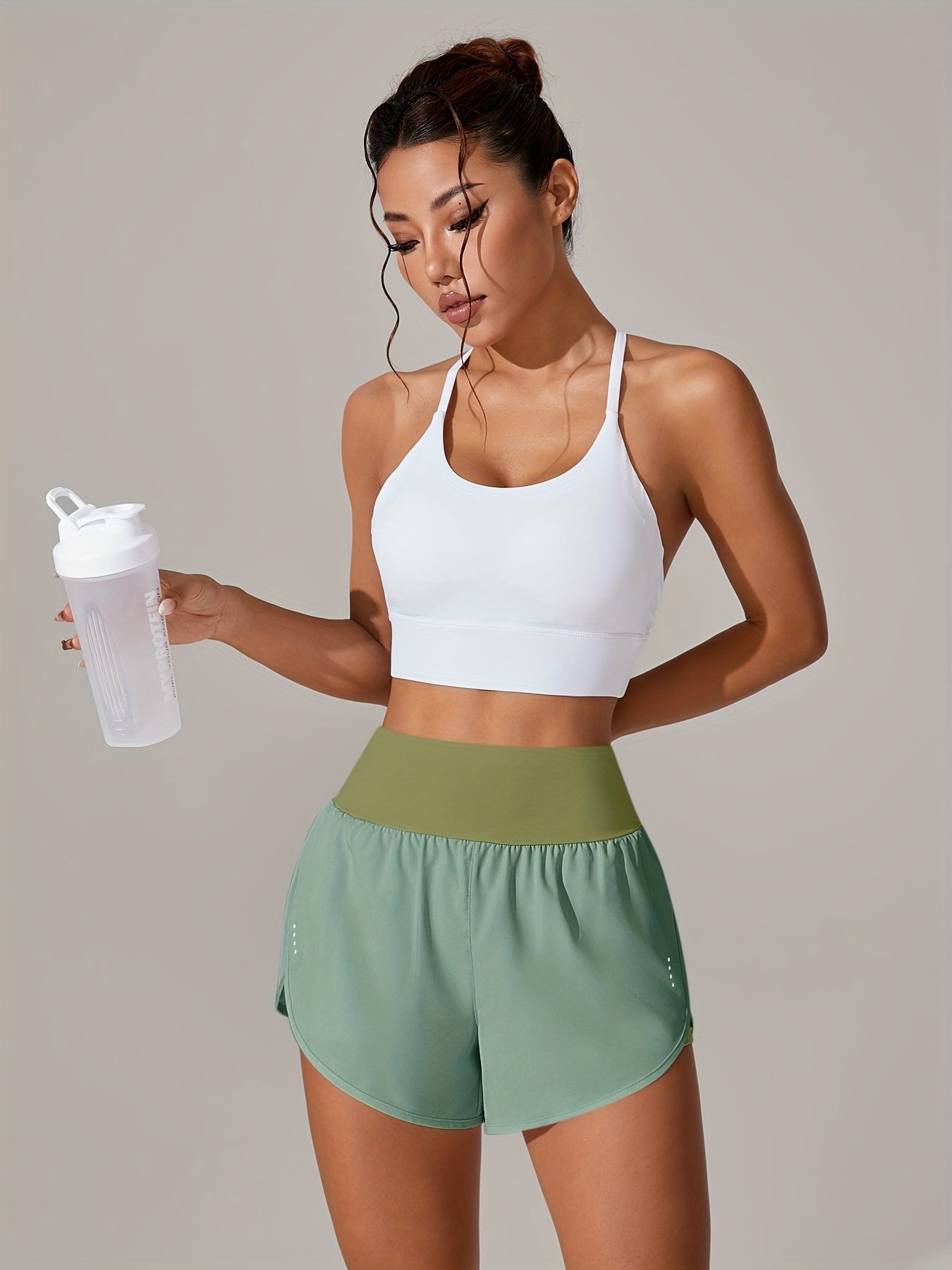 [Yoga Activewear] Women's Light Blue Yoga Shorts - Casual & Loose-Fit, High-Waisted with Ruffle Detail, Stretchy Polyester-Elastane Blend, Machine Washable, Perfect for Spring/Summer/Fall