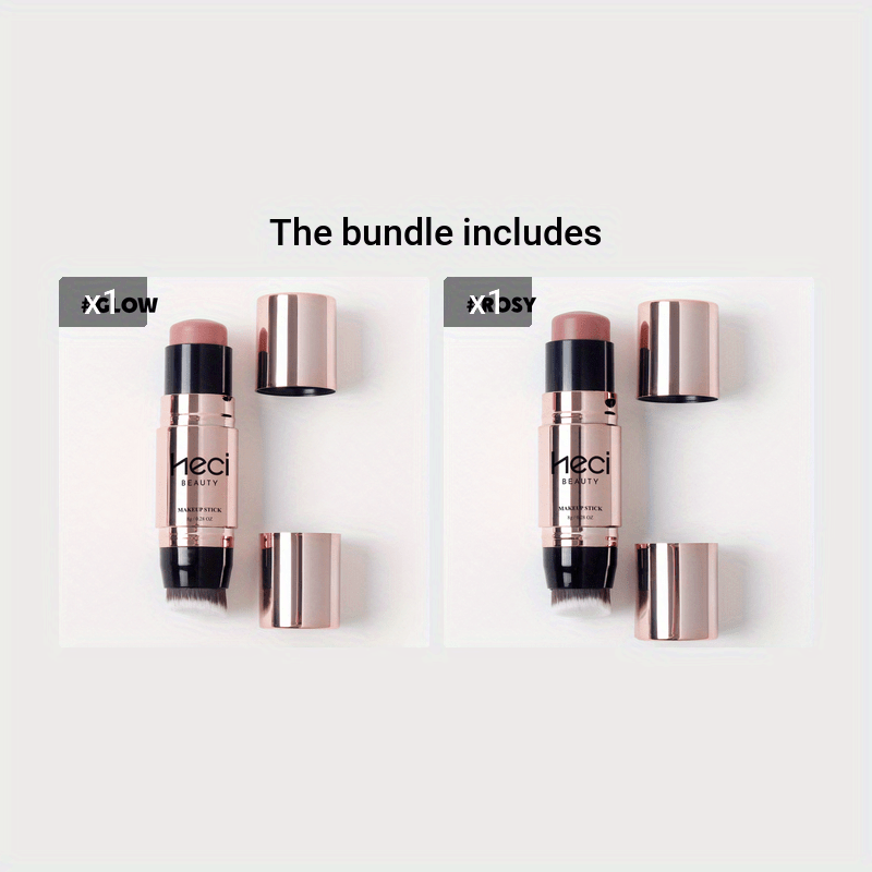 2-in-1 Rose Golden Blush Stick - Waterproof, Lightweight, Long-Lasting Makeup with Built-in Brush for Lip Gloss and Eyeshadow - Suitable for All Skin Types, Easy to Apply and Blend