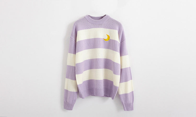 Kawaii Round Neck Striped Pullover Sweater, Casual Every Day Top For Winter & Fall, Women's Clothing