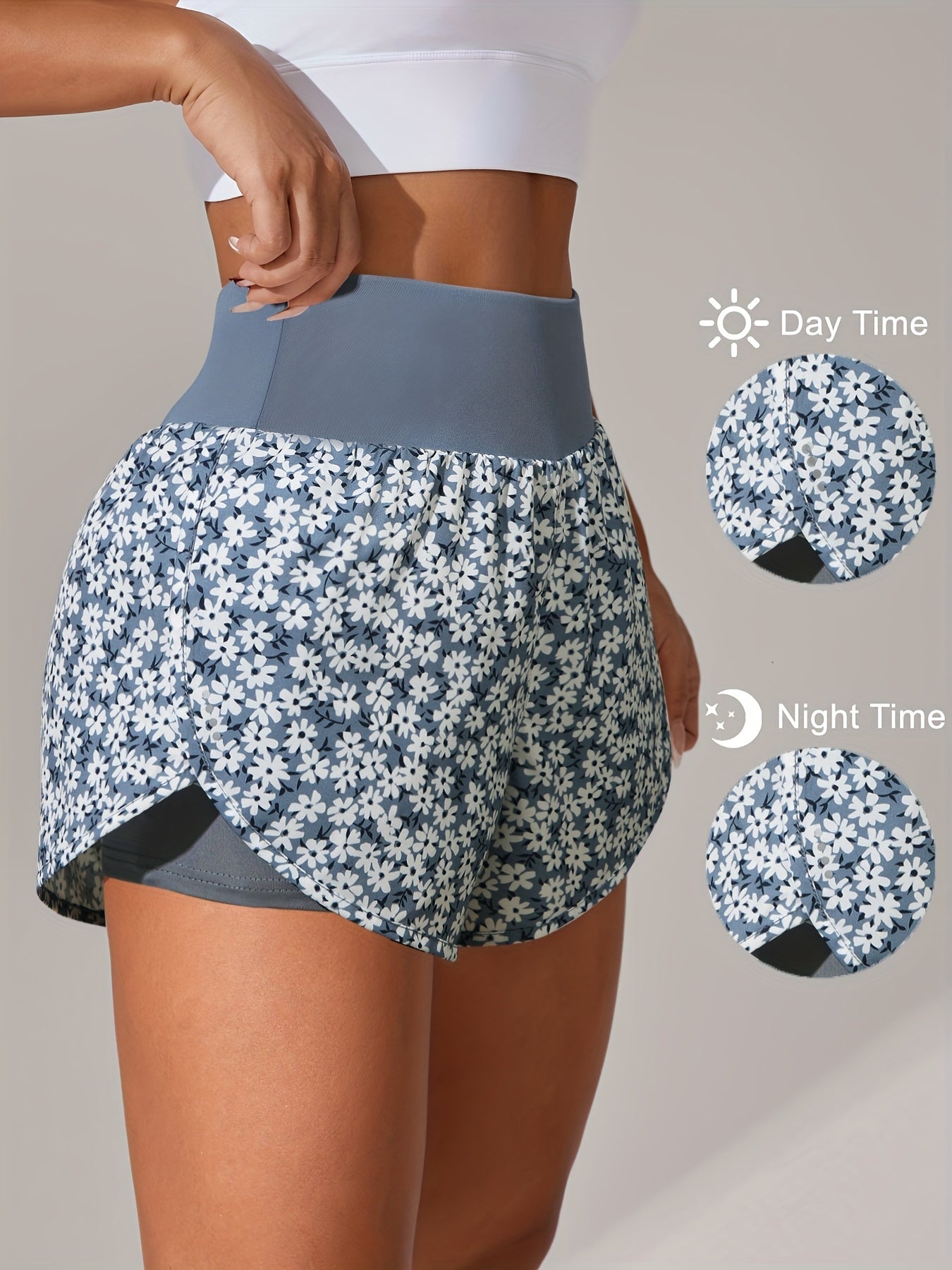 [Yoga Activewear] Women's Light Blue Yoga Shorts - Casual & Loose-Fit, High-Waisted with Ruffle Detail, Stretchy Polyester-Elastane Blend, Machine Washable, Perfect for Spring/Summer/Fall