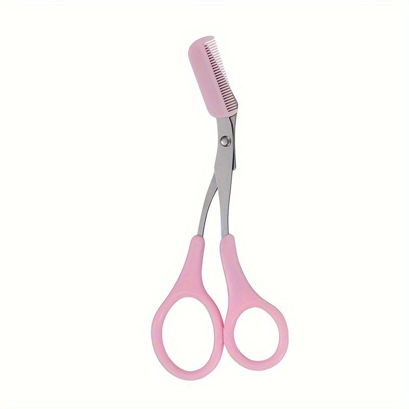 [Elegant Style] Stainless Steel Eyebrow Trimming Scissors with Pink Comb - Safe, Mini Makeup Grooming Tool for Perfectly Shaped Eyebrows, No Power Needed