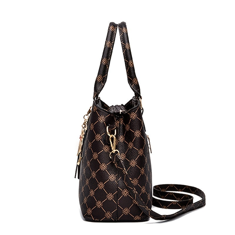 FKTSR Women's Elegant Floral Print Synthetic Leather Shoulder Bag with Detachable Strap & Tassel Accents - Summer Beach Tote, Casual Designer Handbag with Zipper Closure, Polyester Lining (Antique Bronze/Coffee/White/Black),