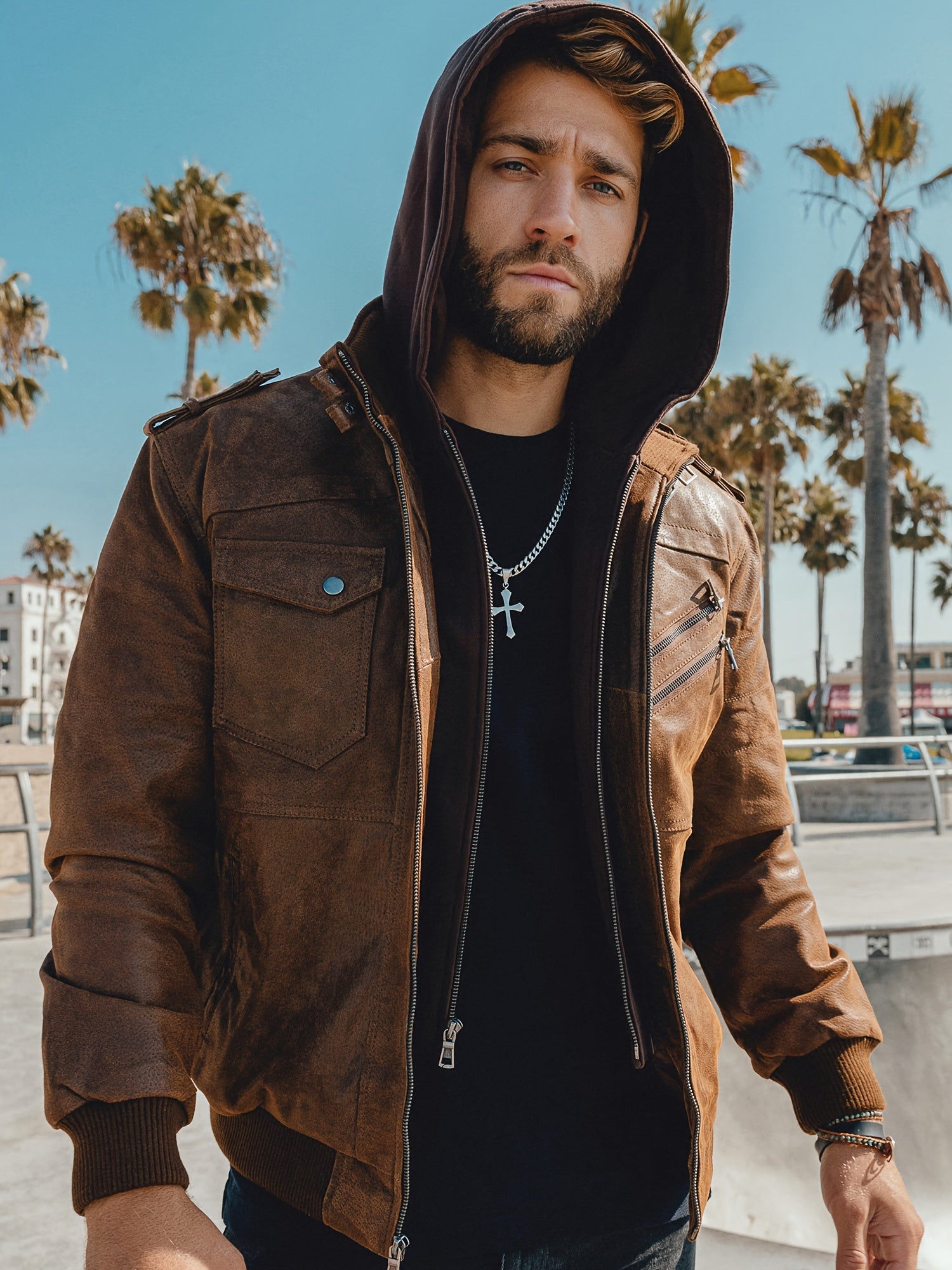 Men's Brown Leather Motorcycle Jacket with Removable Hood - FLAVOR