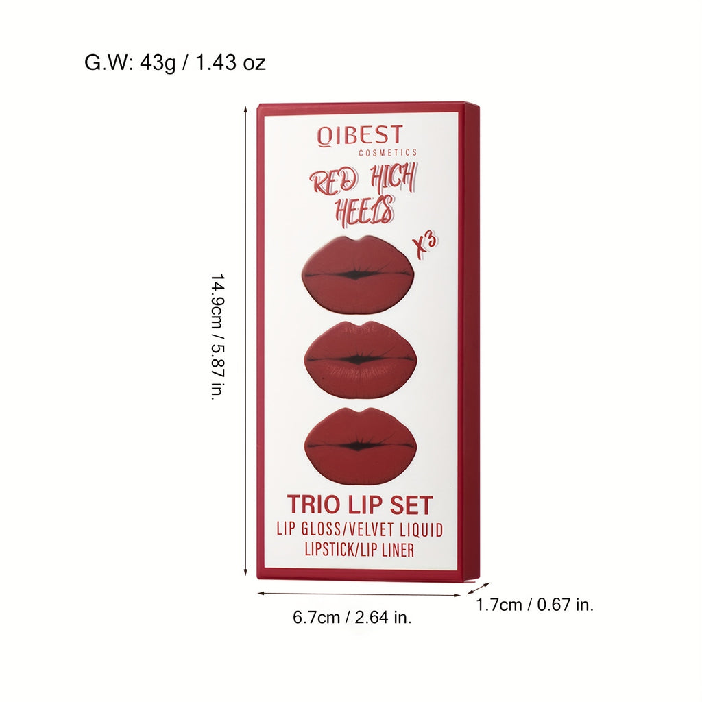 Lip Liner, Lipstick And Lip Gloss Trio Set, Matte Liquid Lipstick + Matching Lip Liner + Lip Gloss Nude Velvety Lipstick Makeup Kit Gift Set, Waterproof Long Lasting, Contains Plant Squalane Formula