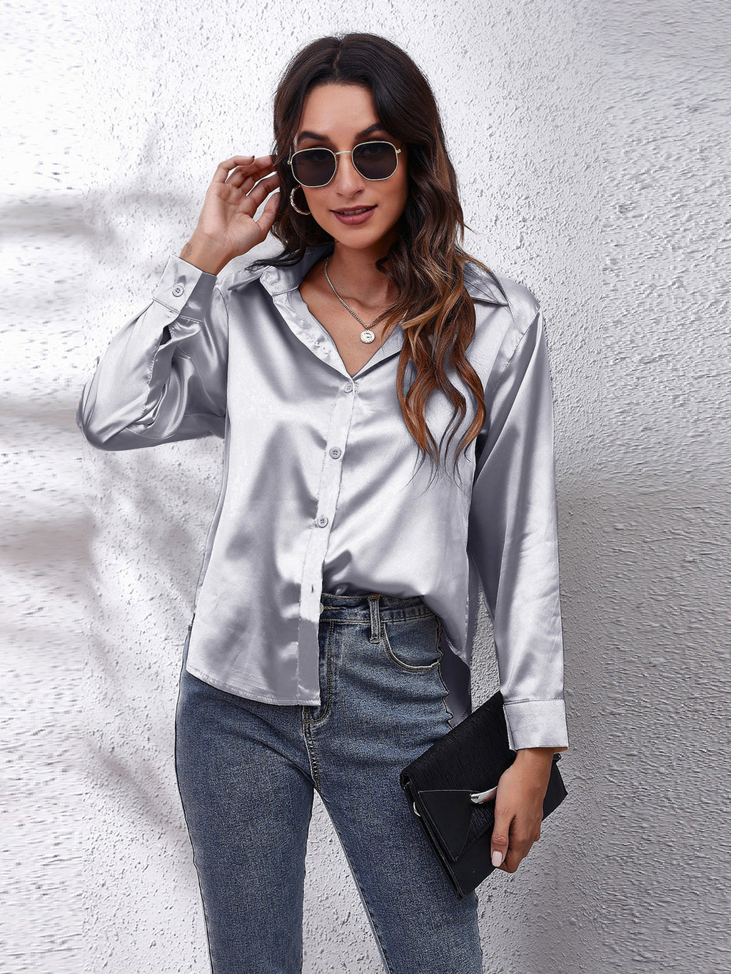 Solid Color Long Sleeve Button Down Tops, Business Casual Blouses For All Seasons, Women's Clothing