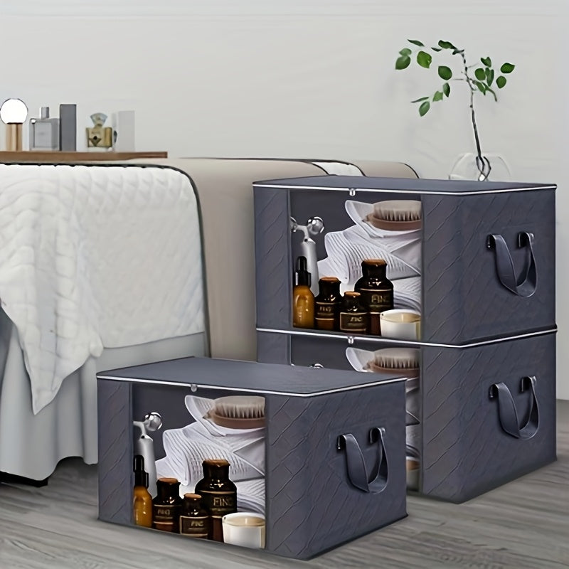 3-Pack Large Capacity Foldable Fabric Storage Bins - Ideal for Bedding, Clothes, Pillows, Quilts - Perfect for Home, Bedroom, Dorm, Spa Wardrobes - Grey Woven Material, No Electricity Needed