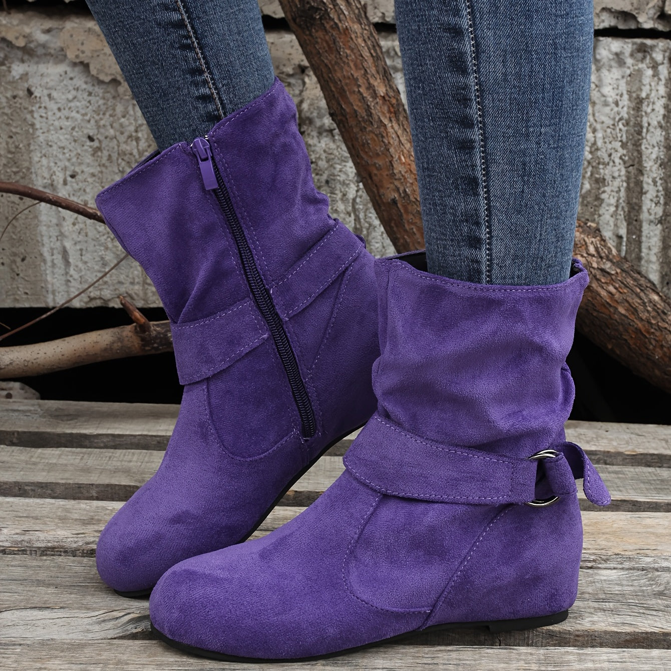Womens Classic Solid Color Ankle Boots with Round-Toe Design - Fashion Buckle Belt & Side Zipper Closure - Ultra-Comfortable Outdoor Shoes for Stylish Adventures