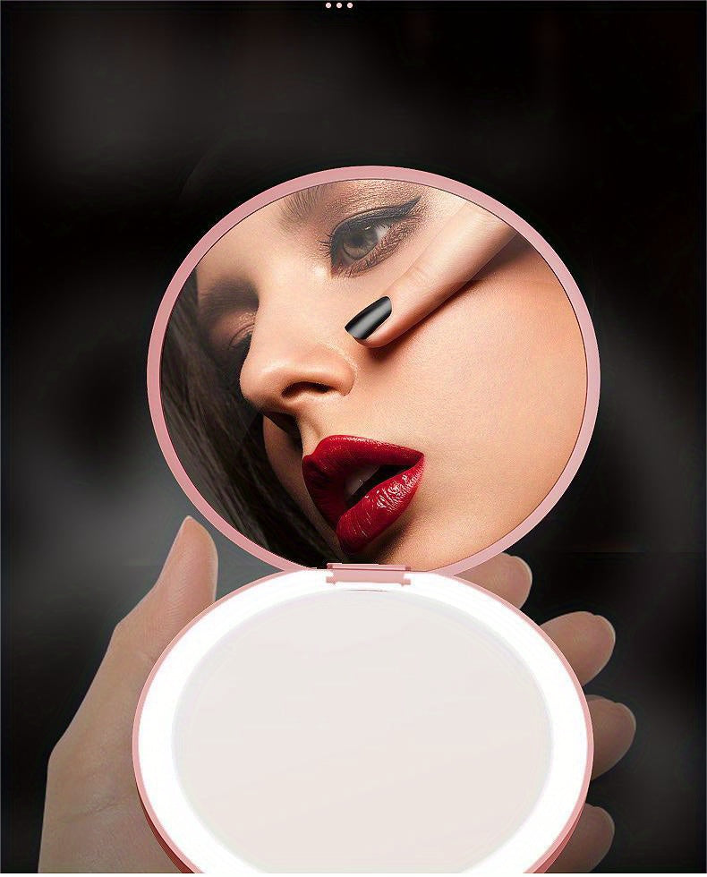 1pc Compact Round Foldable LED Vanity Mirror - Travel Portable Lighted Makeup Mirror for Purse Handbag - 2x Magnification, Double-sided, Handheld, Mini Touch-up Mirror with Light for Travel Essentials