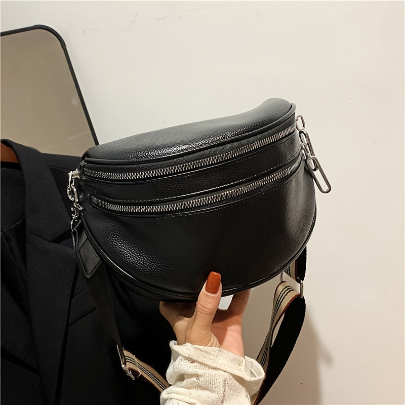 Black Synthetic Leather Crossbody Bag with Adjustable Striped Strap - Large Capacity Shoulder Messenger Bag for Women, Zipper Closure, Polyester Lining, Versatile Solid Color Design